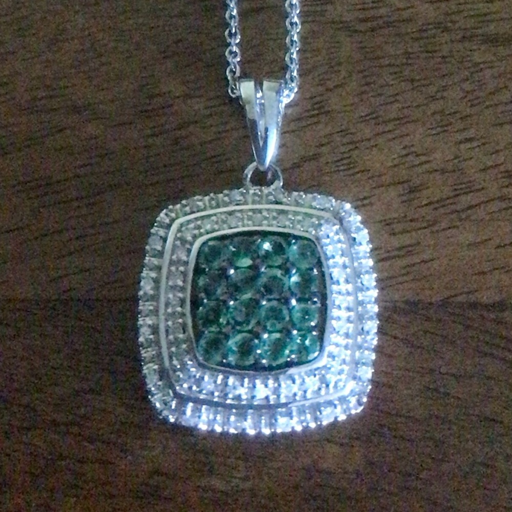 Sterling Silver Zambian Emerald & White Diamond Necklace